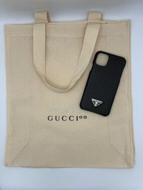 Gucci Cream Canvas Tote Bag with Black Phone Case